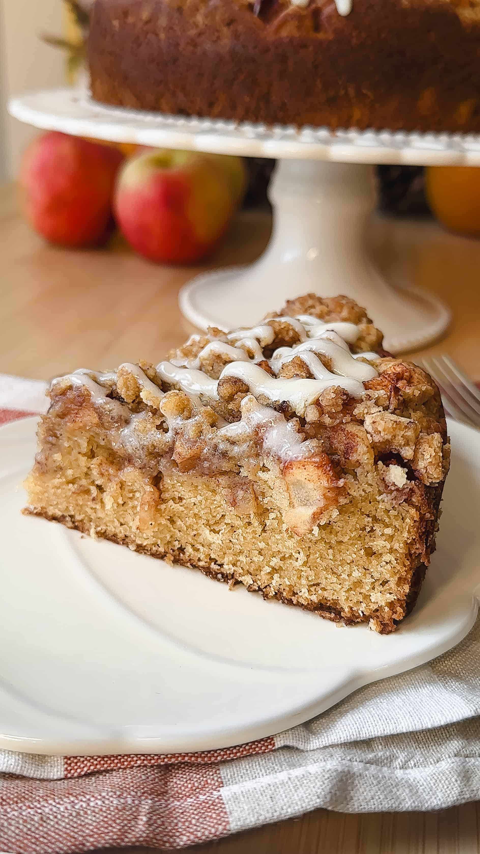 a close up of my apple crumb cake to show case all of the amazing layers.