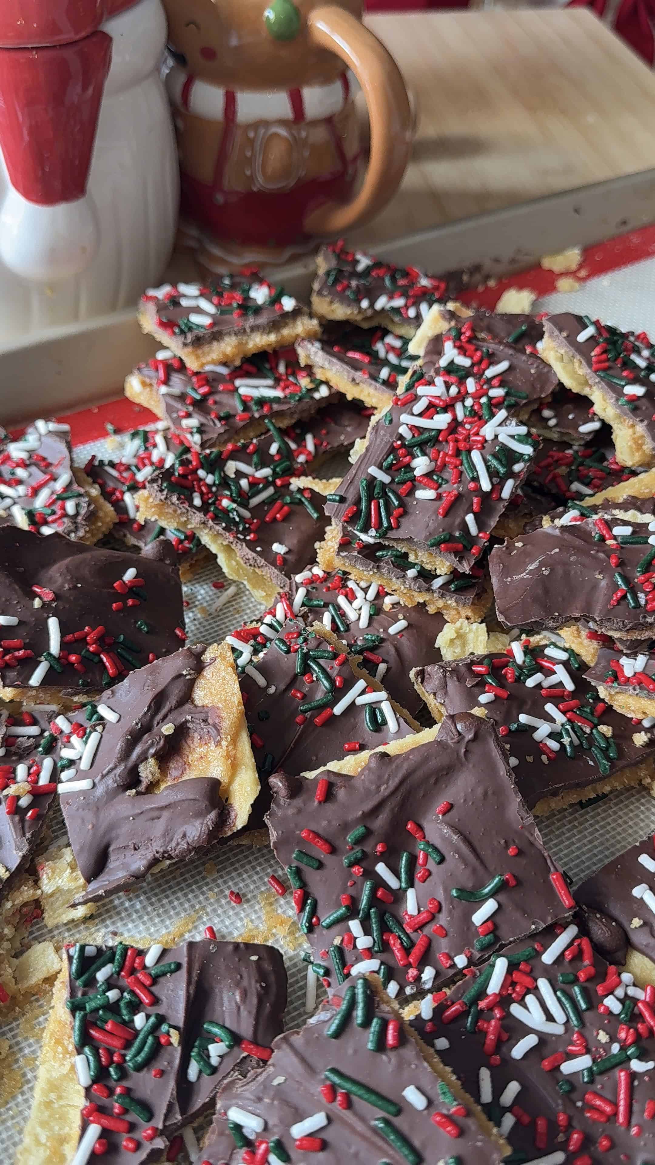 freshly chopped christmas crack on my baking dish ready to be eaten