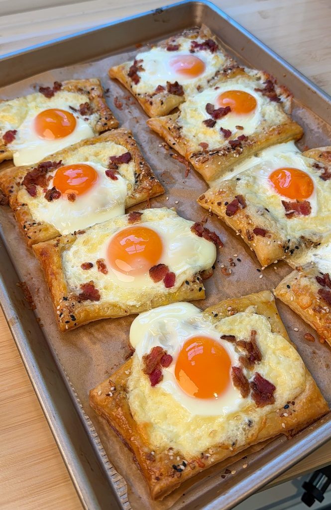 Easy Puff Pastry Breakfast Pizzas with Cheddar, Boursin & Bacon by Mallory Harr