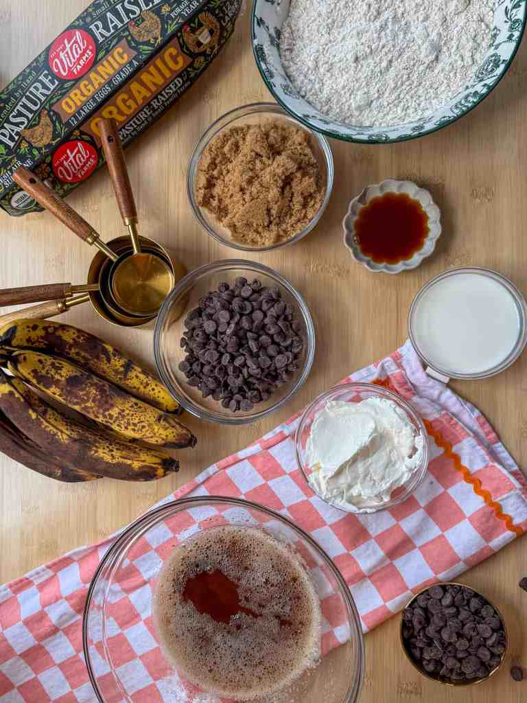 all of the ingredients needed for my Brown Butter Chocolate Chip Banana Muffins