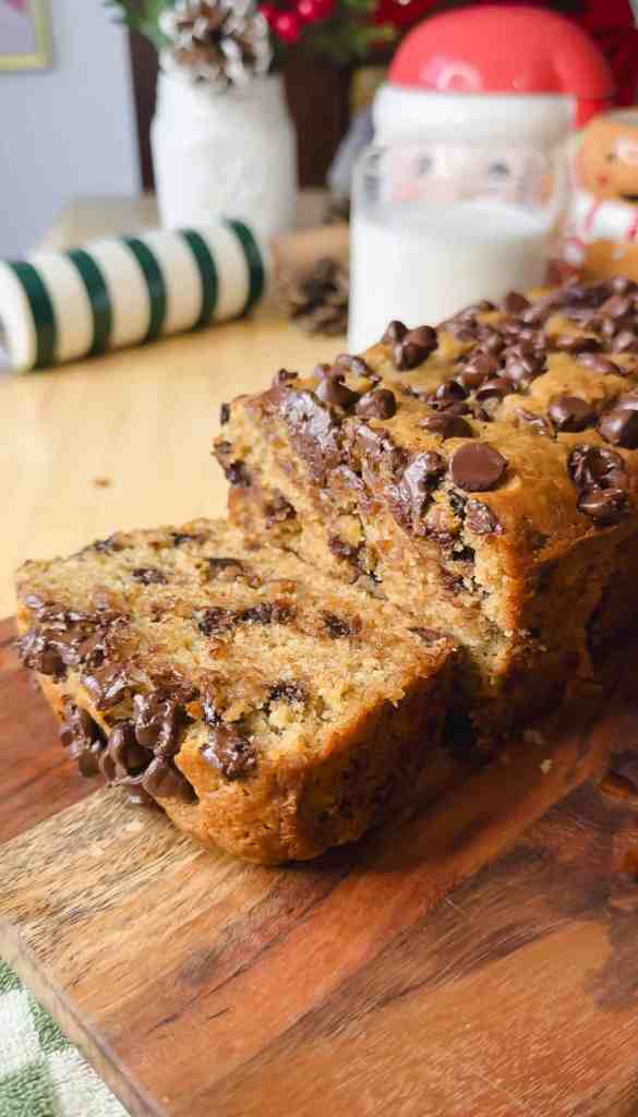 my brown butter chocolate chip banana bread cut up ready to be served