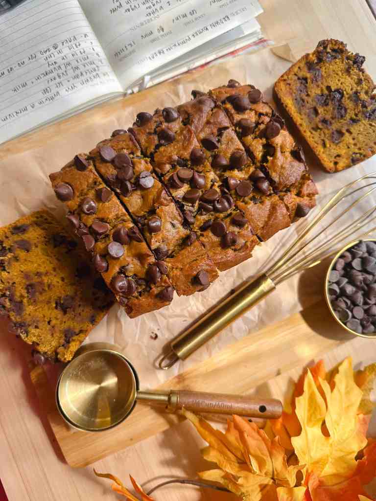 close up of my sliced brown butter pumpkin bread.