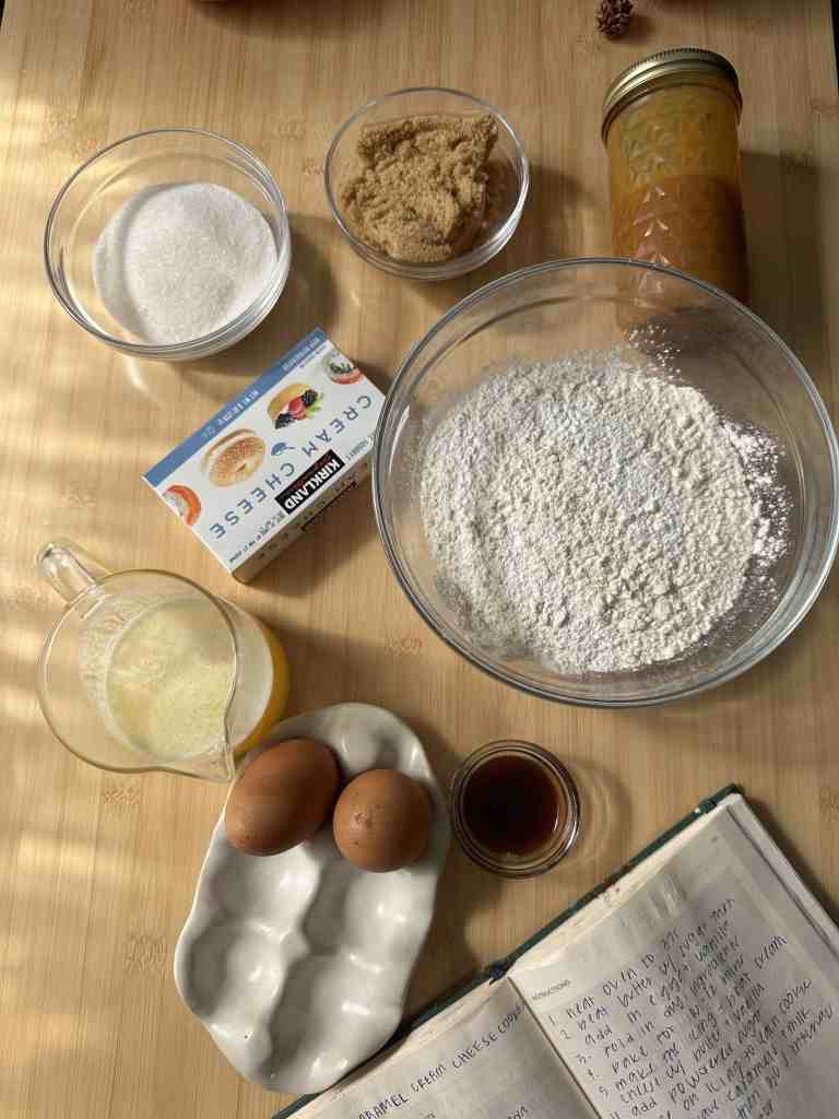 all of the ingredients needed for my salted caramel cream cheese cookies