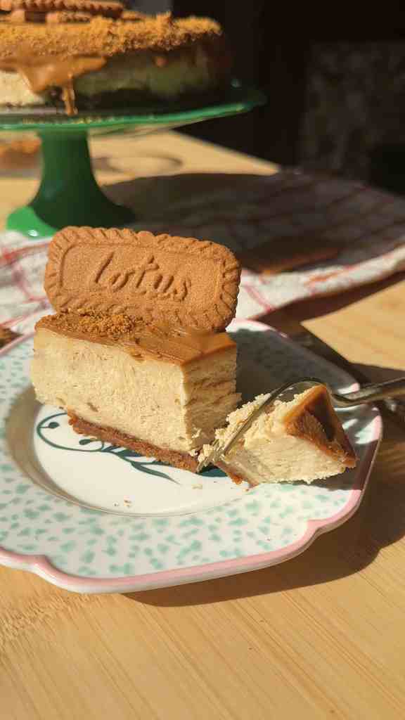 taking a bite of my biscoff cookie butter cheesecake