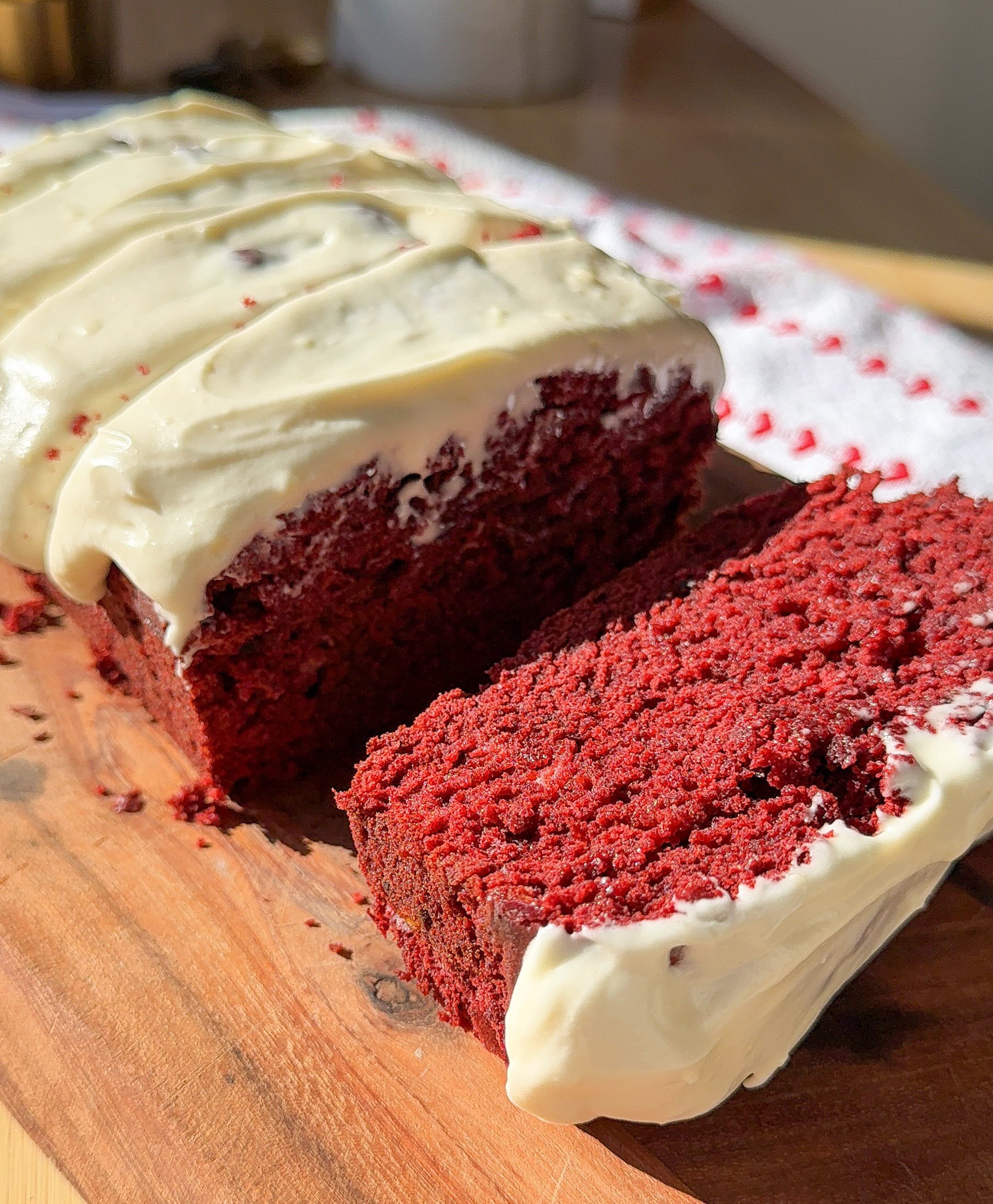 Brown Butter Red Velvet Banana Bread Recipe Topped with Cream Cheese