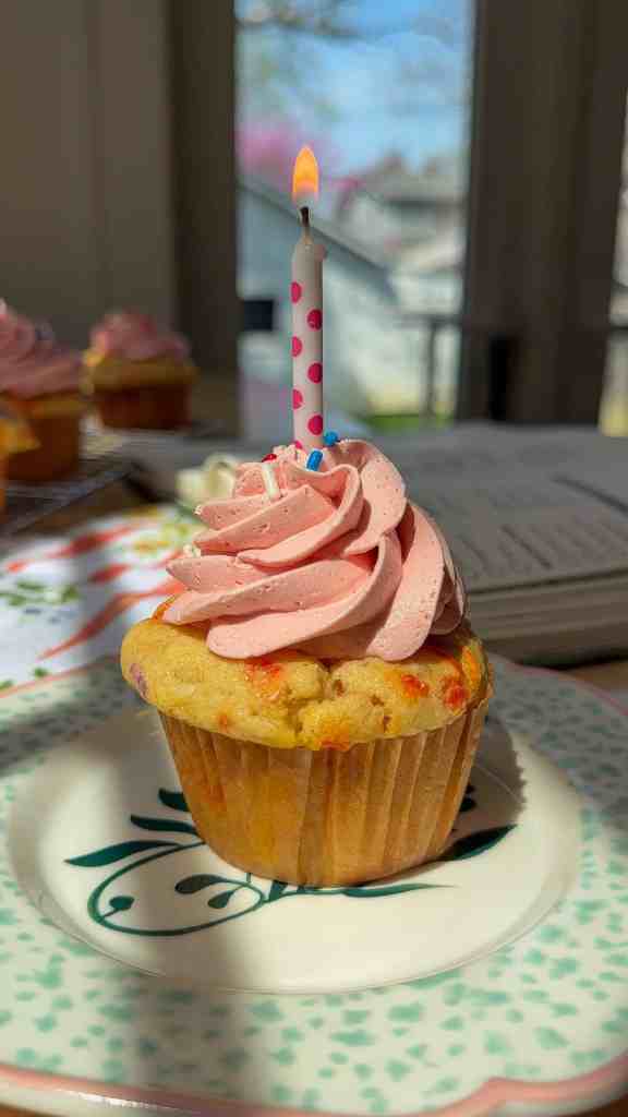 my birthday cupcakes on a colorful plate ready to be enjoyed