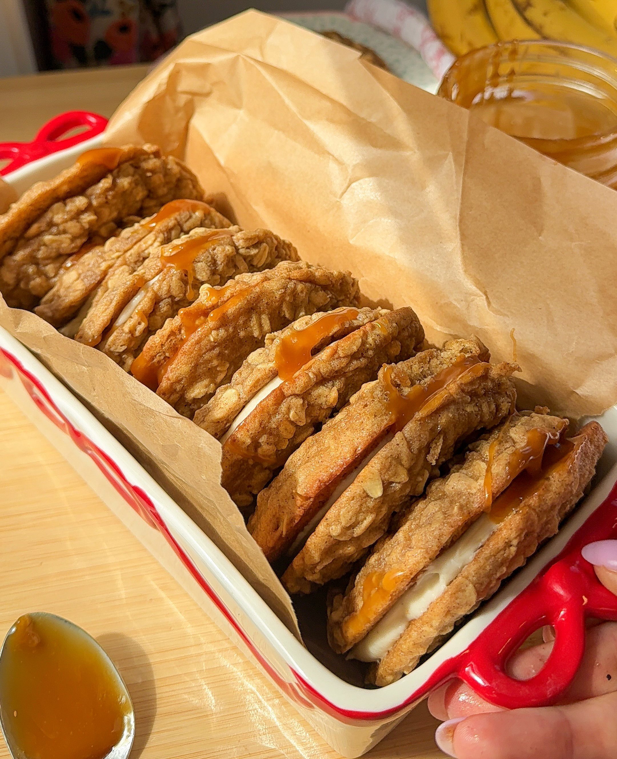 Salted Caramel Banana Bread Oatmeal Cream Pies (Soft & Chewy)
