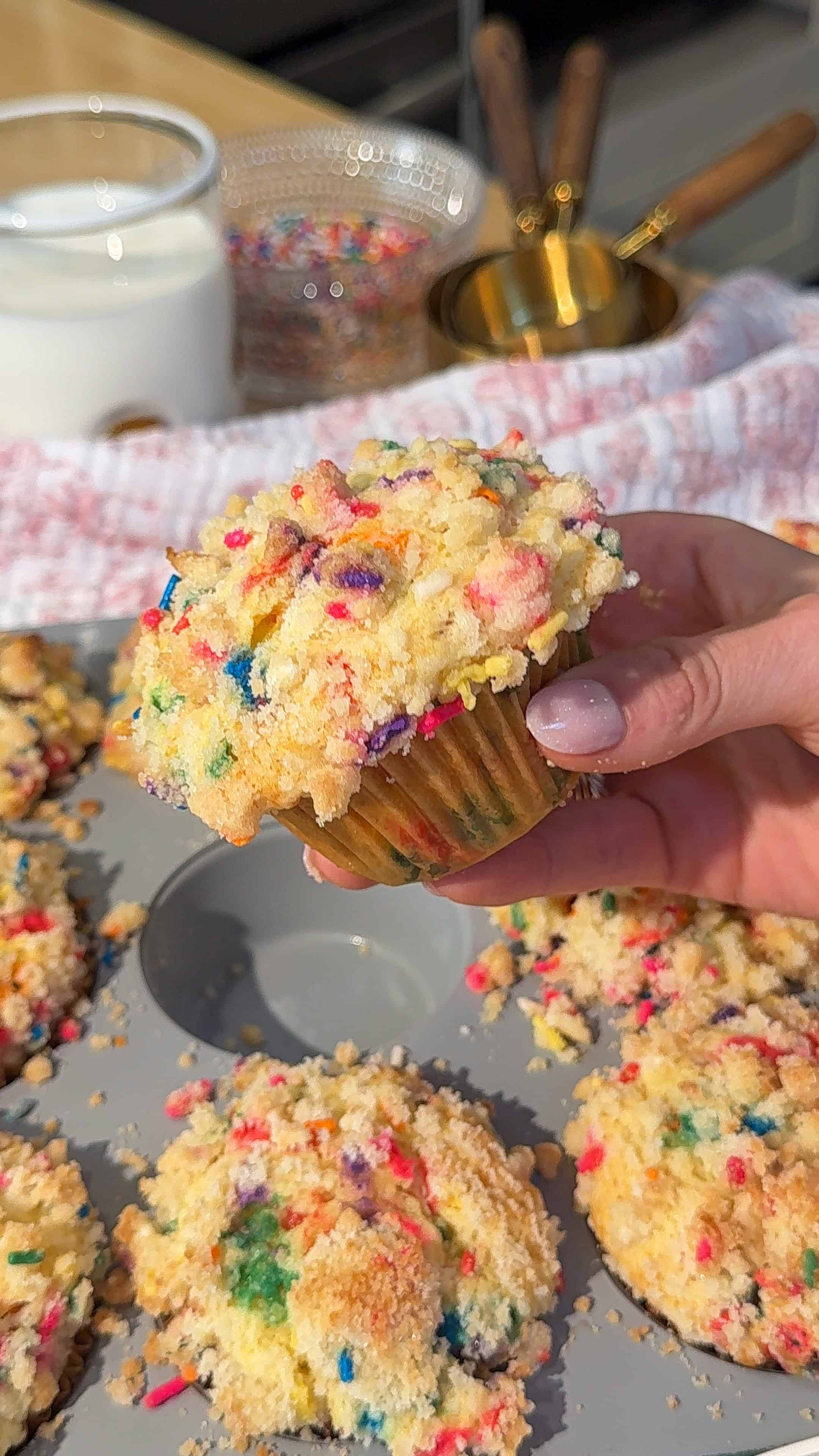 Birthday Cake Crumble Muffins with Sprinkle Streusel