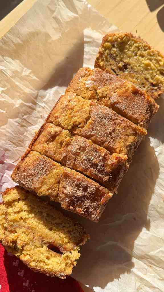my cinnamon sugar banana bread sliced up ready to be enjoyed