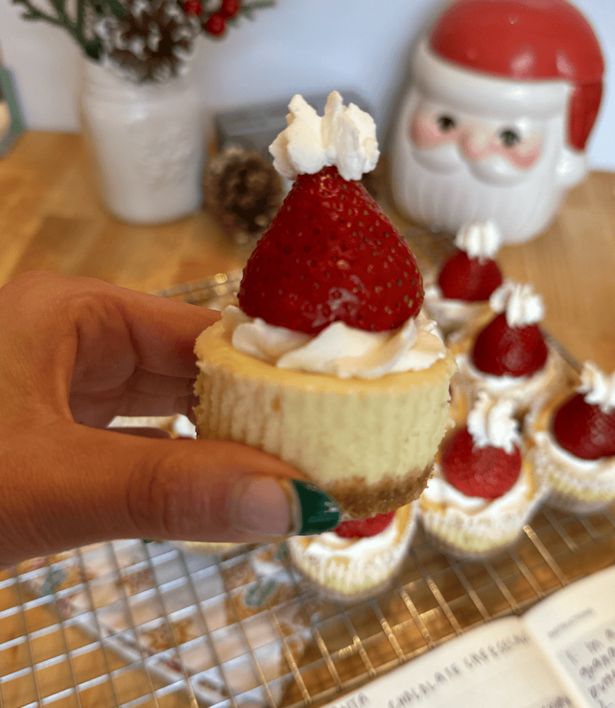 close up of my santa hat strawberry cheesecake