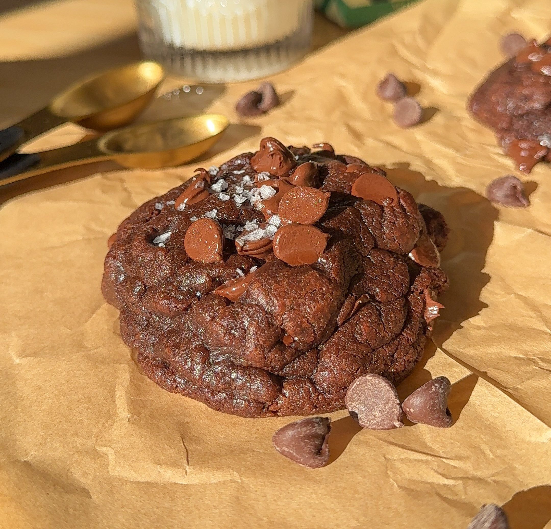 a close up of my single serve double chocolate chip cookie to showcase the gooey chocolate