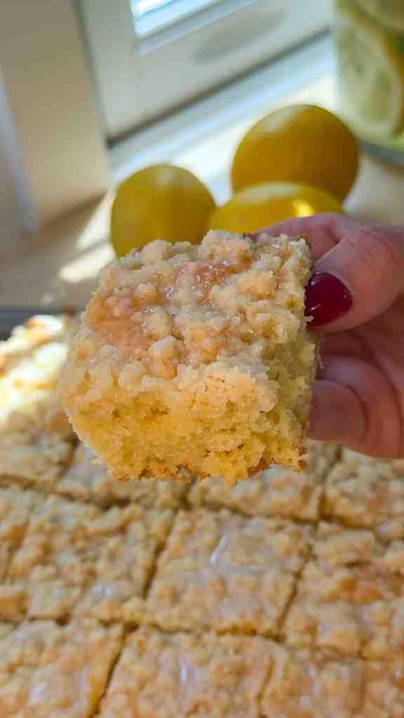me holding a slice of my lemon crumb cake