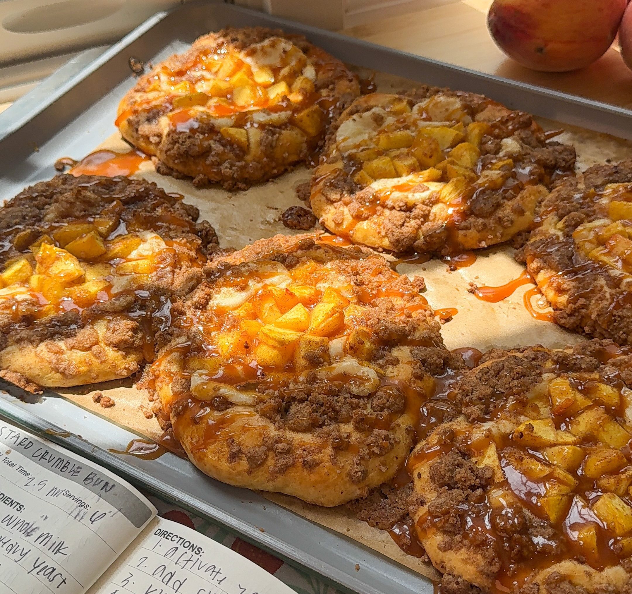 Salted Caramel Peach Crumble Buns โ Giant Bakery-Style Summer Buns with Cream Cheese Custard